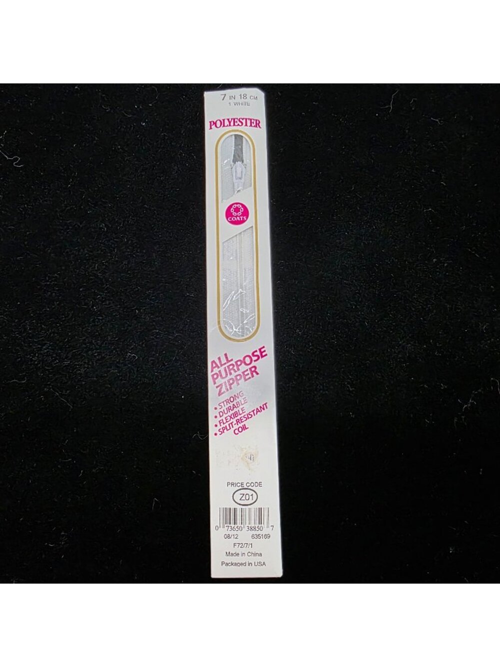 Coats All Purpose Zipper 7" Polyester White Durable Flexible Split Resistant Coi